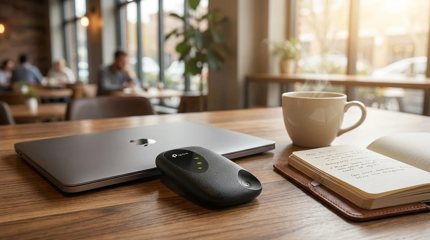 Černý přenosný hotspot TP-Link M7200 na dřevěném stole vedle zavřeného notebooku, šálku kávy a otevřeného zápisníku v kavárně.