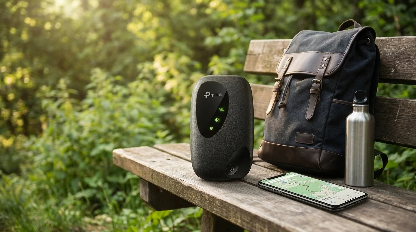 Přenosný Wi-Fi hotspot TP-Link M7200 na dřevěné lavičce vedle chytrého telefonu, batohu a láhve na pití v přírodě.
