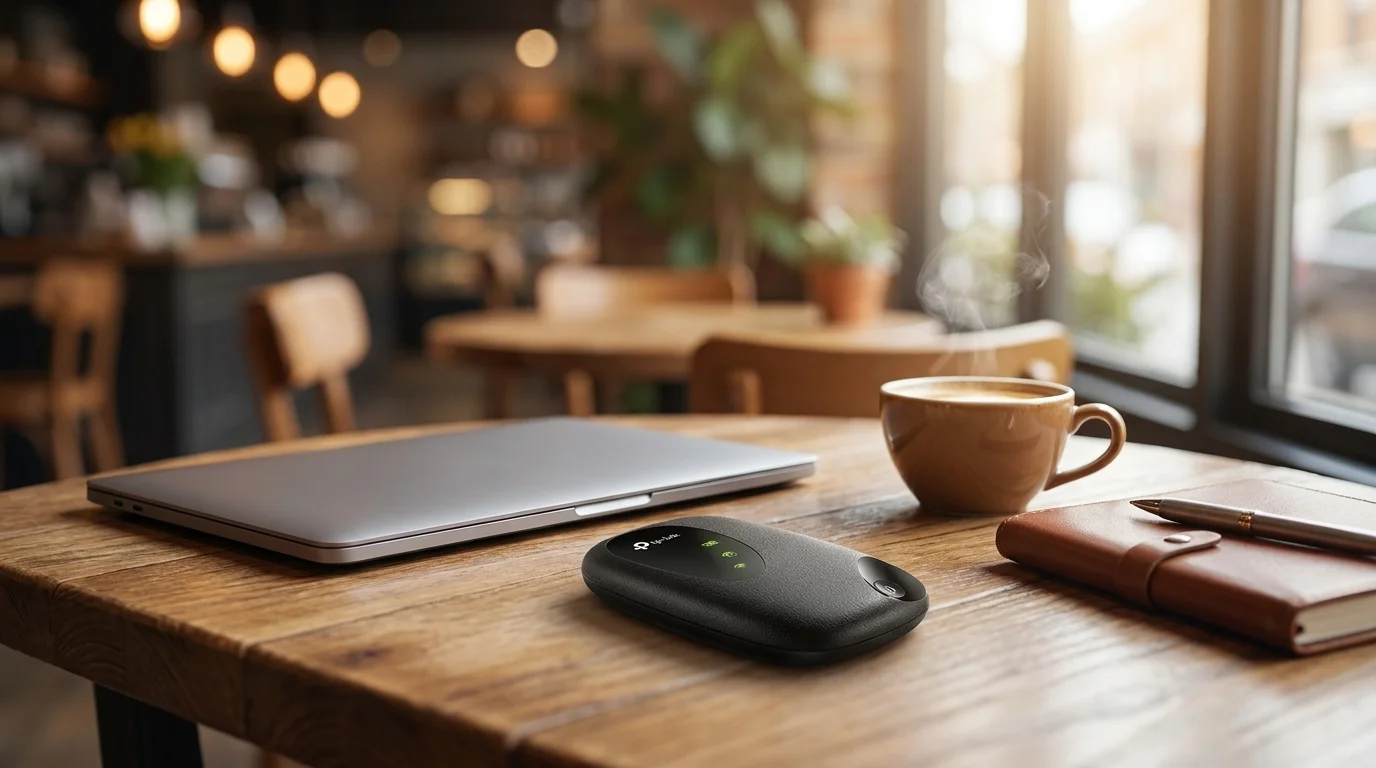 Černý mobilní hotspot TP-Link M7200 na dřevěném stole vedle zavřeného notebooku a šálku kávy v kavárně.