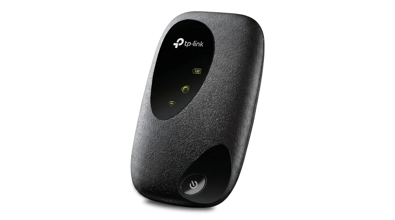 Černý přenosný Wi-Fi hotspot TP-Link M7200 se strukturovaným povrchem, stavovými ikonami a tlačítkem napájení.