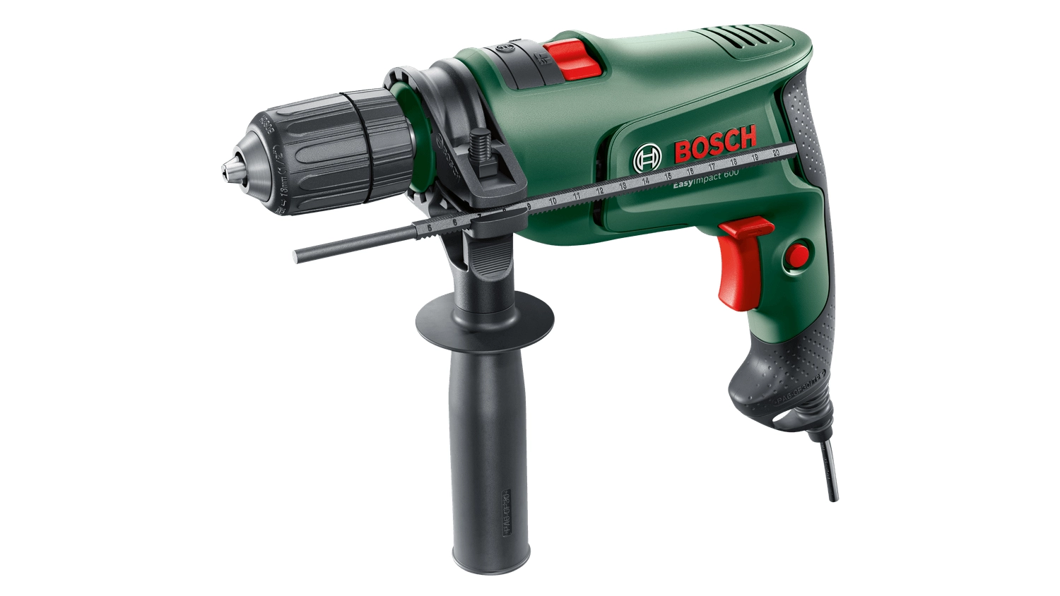 Zelená příklepová vrtačka Bosch EasyImpact 600 s přídavnou rukojetí a hloubkovým dorazem.