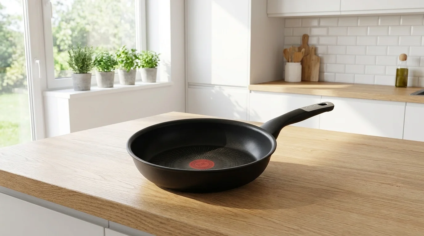 Černá pánev Tefal s červeným indikátorem Thermo-Signal položená na dřevěné kuchyňské lince.
