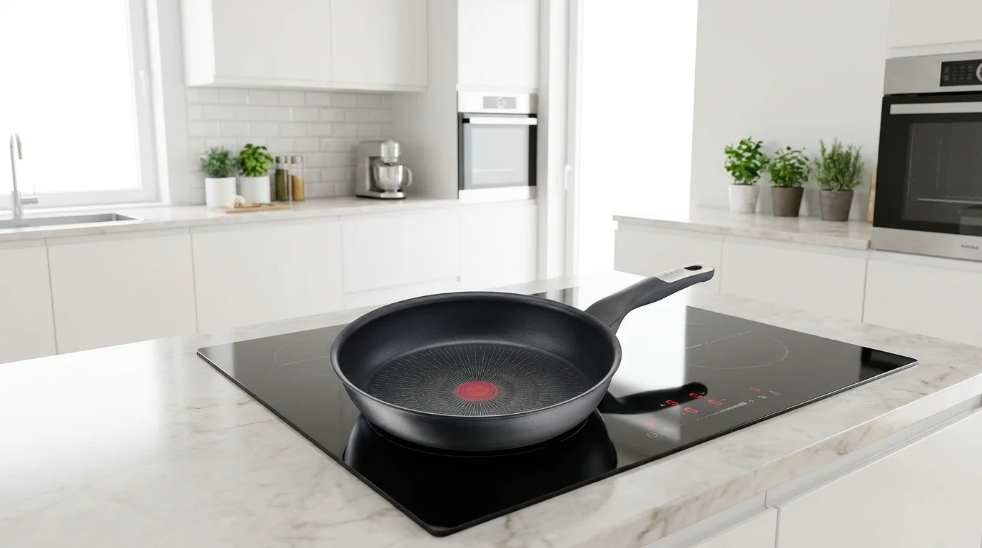 Černá pánev Tefal s červeným indikátorem Thermo-Signal na indukční varné desce v moderní světlé kuchyni.