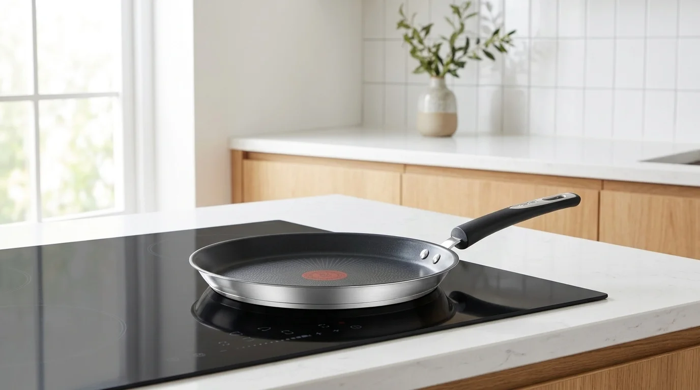 Nerezová palačinková pánev Tefal s nepřilnavým povrchem položená na černé indukční varné desce.