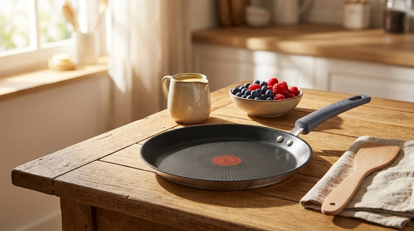 Palačinková pánev Tefal Daily Cook na dřevěném stole vedle misky s lesním ovocem a dřevěné obracečky.