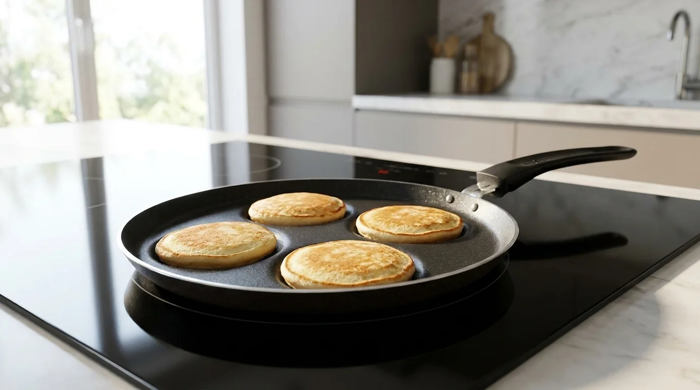 Lievanečník Tefal so štyrmi dozlatista opečenými lievancami na varnej doske.