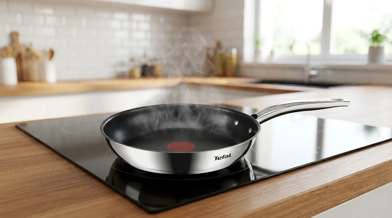 Nerezová pánev Tefal s nepřilnavým povrchem a indikátorem Thermo-Signal stojí na indukční varné desce v kuchyni a stoupá z ní pára.