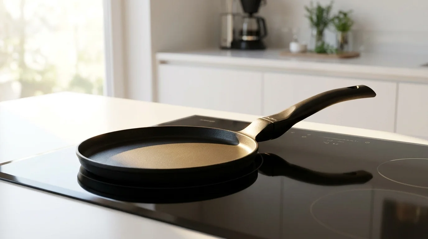 Čierna panvica na palacinky Lamart LT1295 položená na indukčnej varnej doske v kuchyni.