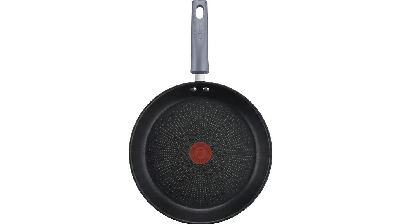 Palačinková pánev Tefal Daily Cook s nepřilnavým povrchem, červeným indikátorem Thermo-Signal a šedou rukojetí.