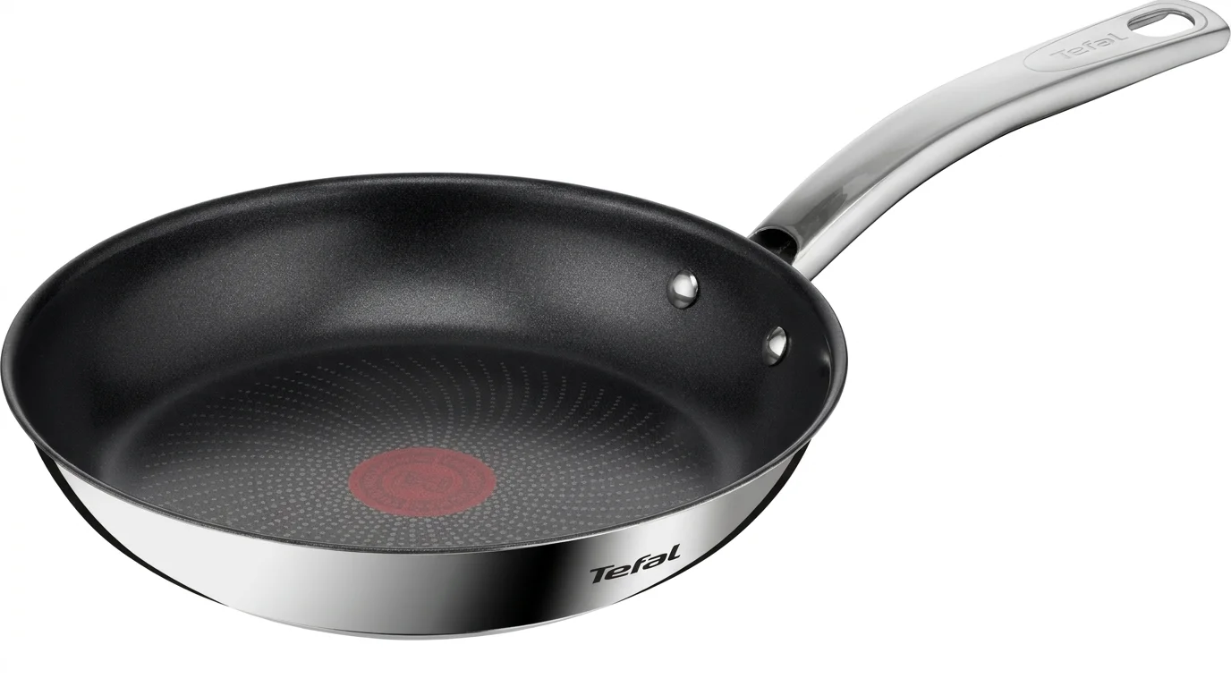 Nerezová pánev Tefal s černým nepřilnavým povrchem, červeným indikátorem Thermo-Signal a nýtovanou kovovou rukojetí.