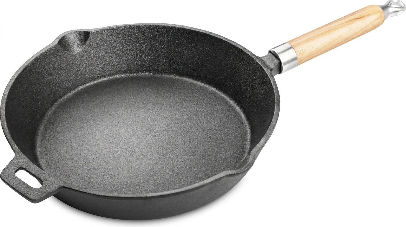 Černá litinová pánev Lamart LT1070 s dřevěnou rukojetí, bočními výlevkami a pomocným uchem.