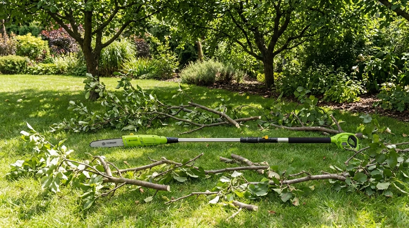 Elektrický prořezávač větví Fieldmann ležící na zahradním trávníku mezi ořezanými větvemi.