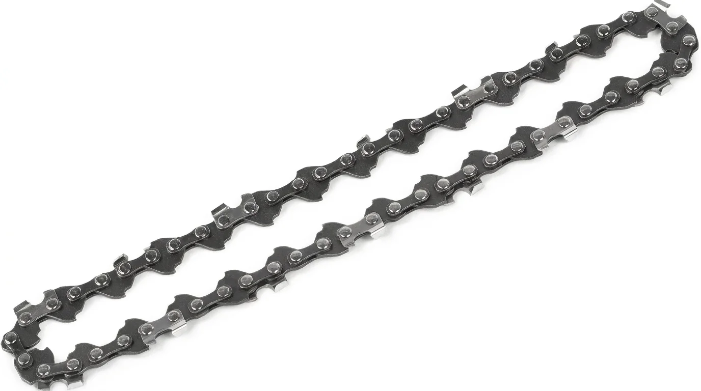 Náhradní pilový řetěz Fieldmann FZP 9040-B uspořádaný do podlouhlé smyčky na bílém pozadí.