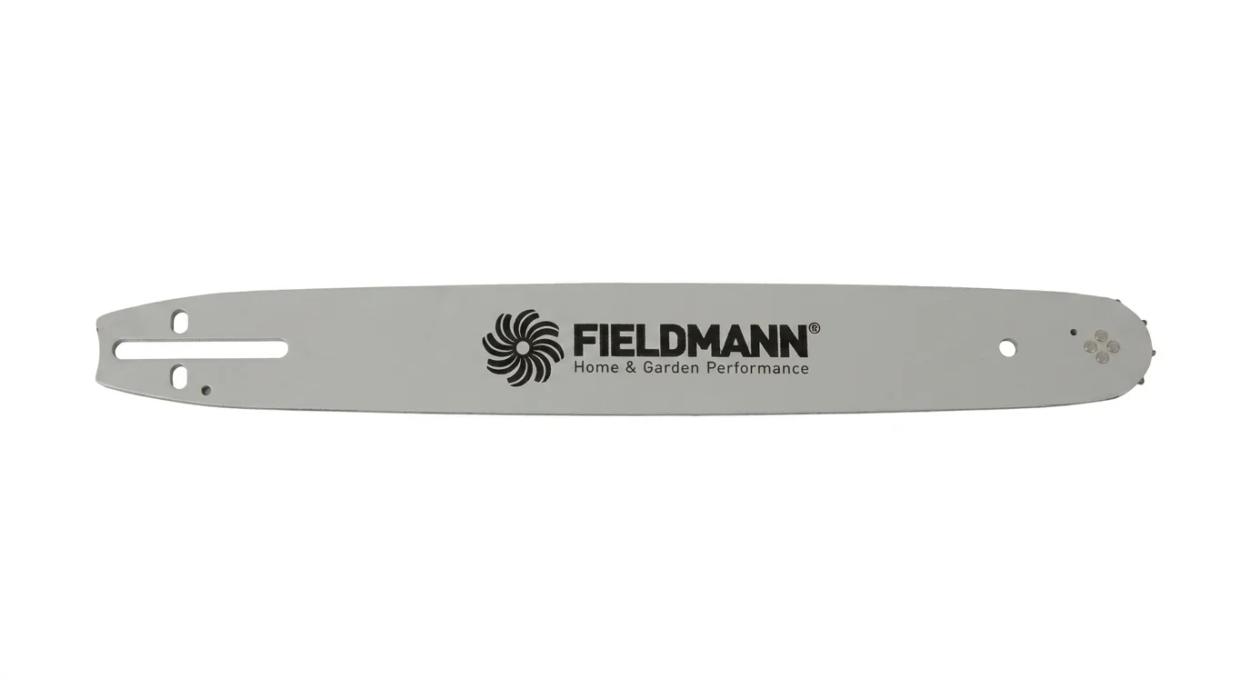 Šedá náhradní lišta pro motorové pily Fieldmann FZP 9020-B s černým logem značky.
