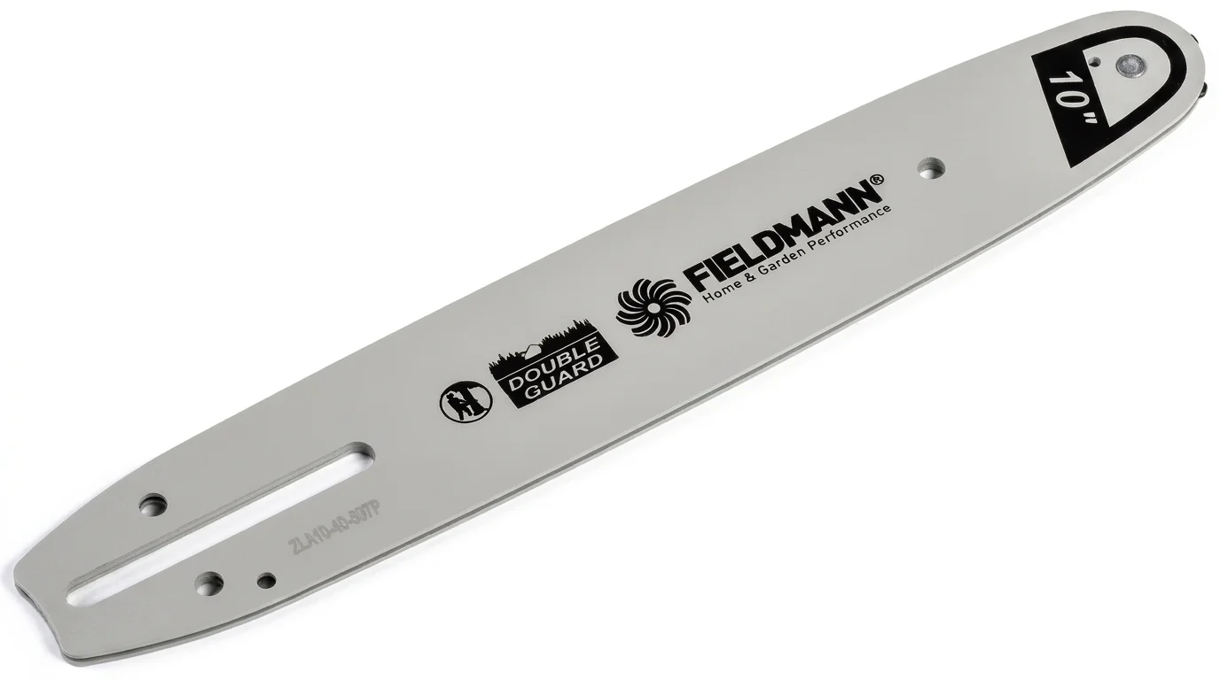 Náhradní vodicí lišta Fieldmann Double Guard 10" s montážními otvory a výřezem.