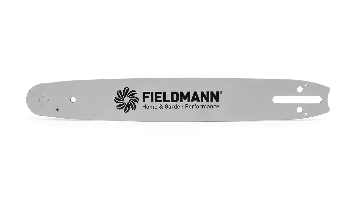 Náhradní vodicí lišta na řetězovou pilu Fieldmann s logem značky.