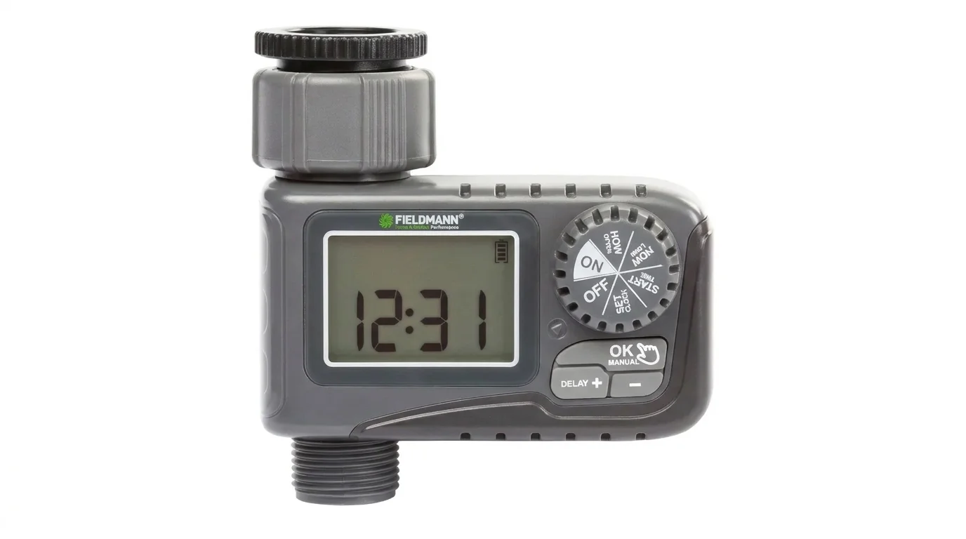 Digitálne zavlažovacie hodiny FIELDMANN FZH 2010 s LCD displejom, otočným voličom a závitovým pripojením.